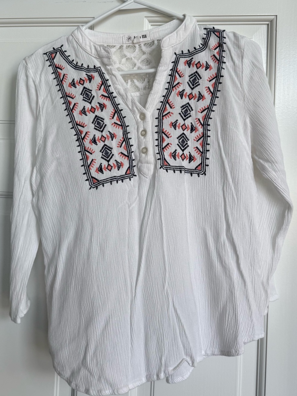Active USA White Embroidered Henley Tunic with Pink & Black Accents